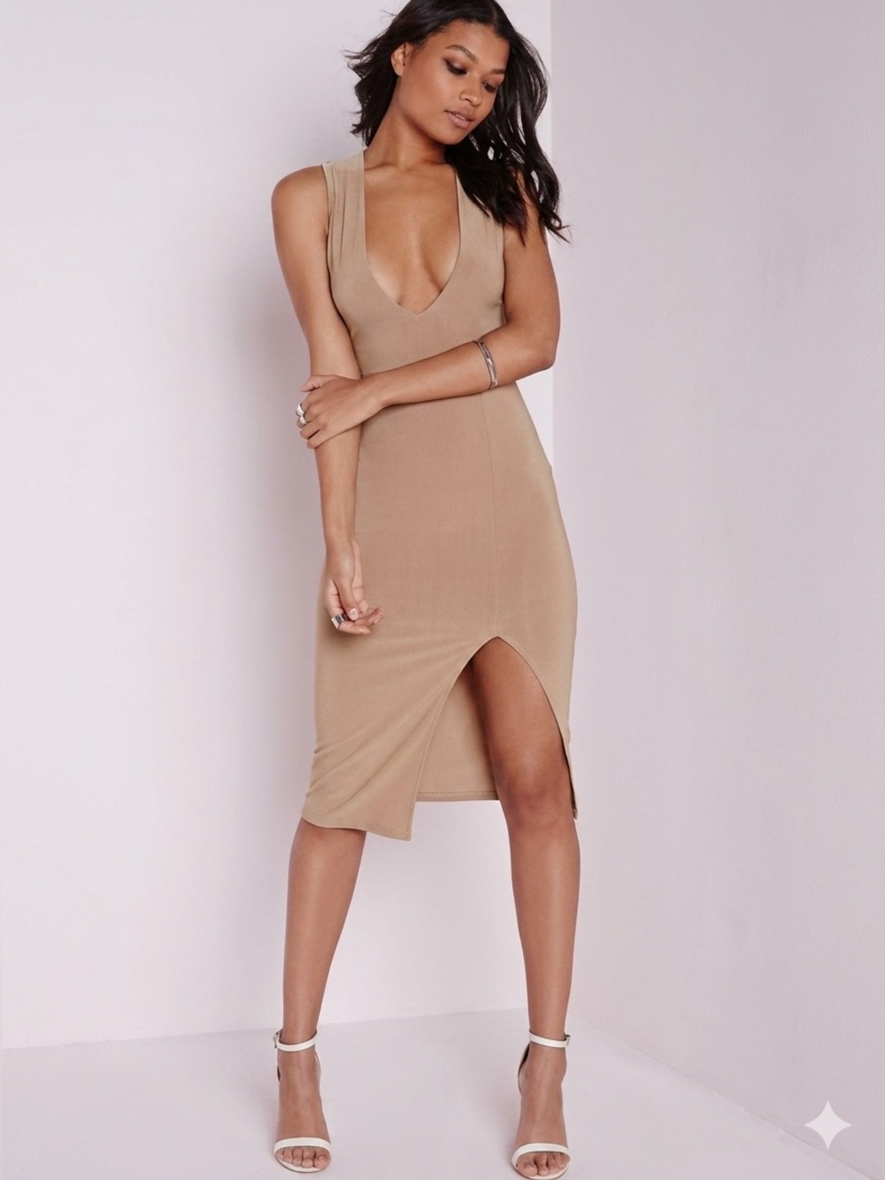 Missguided Slinky Sleeveless Side Split Midi Dress in Nude